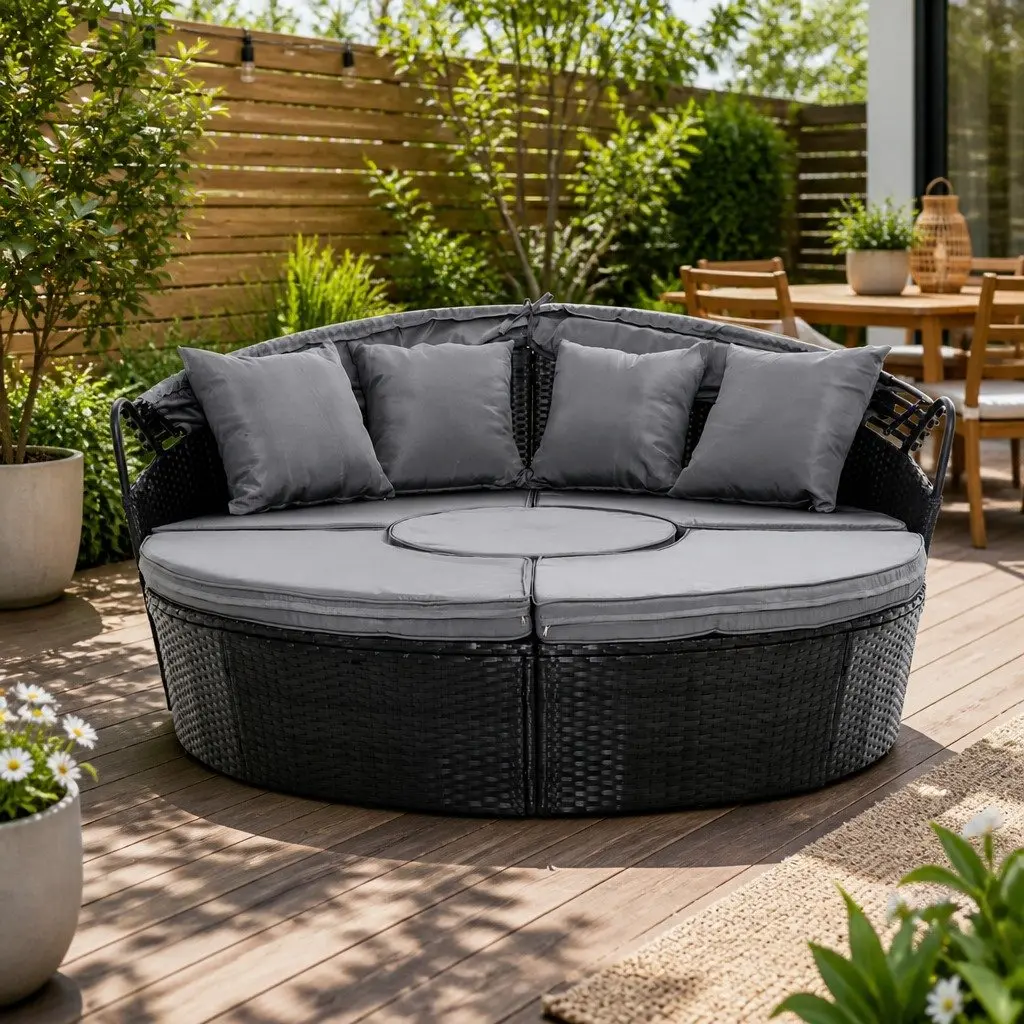 Outdoor Day Bed Wicker Lounger 168cm x 180cm Black with Grey Canopy and Cushions