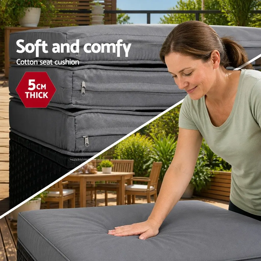 Outdoor Day Bed Wicker Lounger 168cm x 180cm Black with Grey Canopy and Cushions