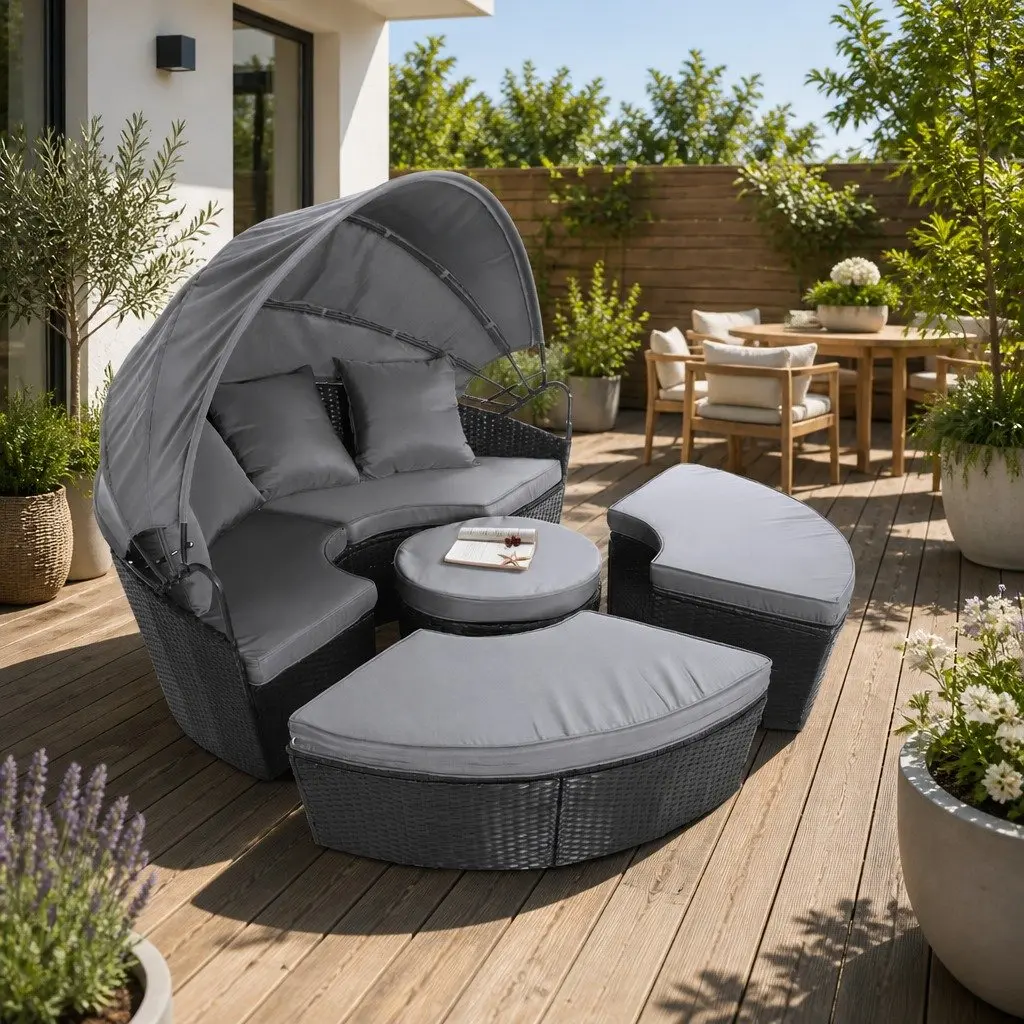 Outdoor Day Bed Wicker Lounger 168cm x 180cm Black with Grey Canopy and Cushions