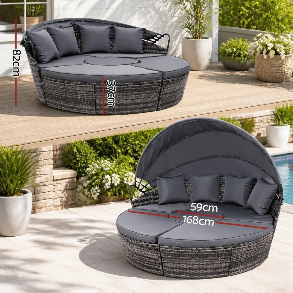 Outdoor Day Bed Lounge Setting Wicker Patio Furniture with Folding Canopy Grey