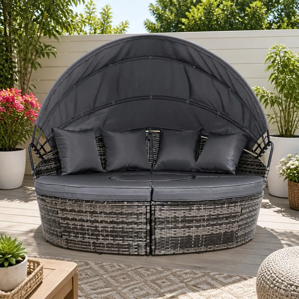 Outdoor Day Bed Lounge Setting Wicker Patio Furniture with Folding Canopy Grey