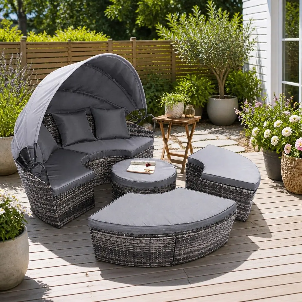 Outdoor Day Bed Lounge Setting Wicker Patio Furniture with Folding Canopy Grey