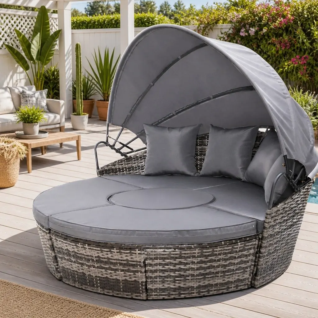 Outdoor Day Bed Lounge Setting Wicker Patio Furniture with Folding Canopy Grey