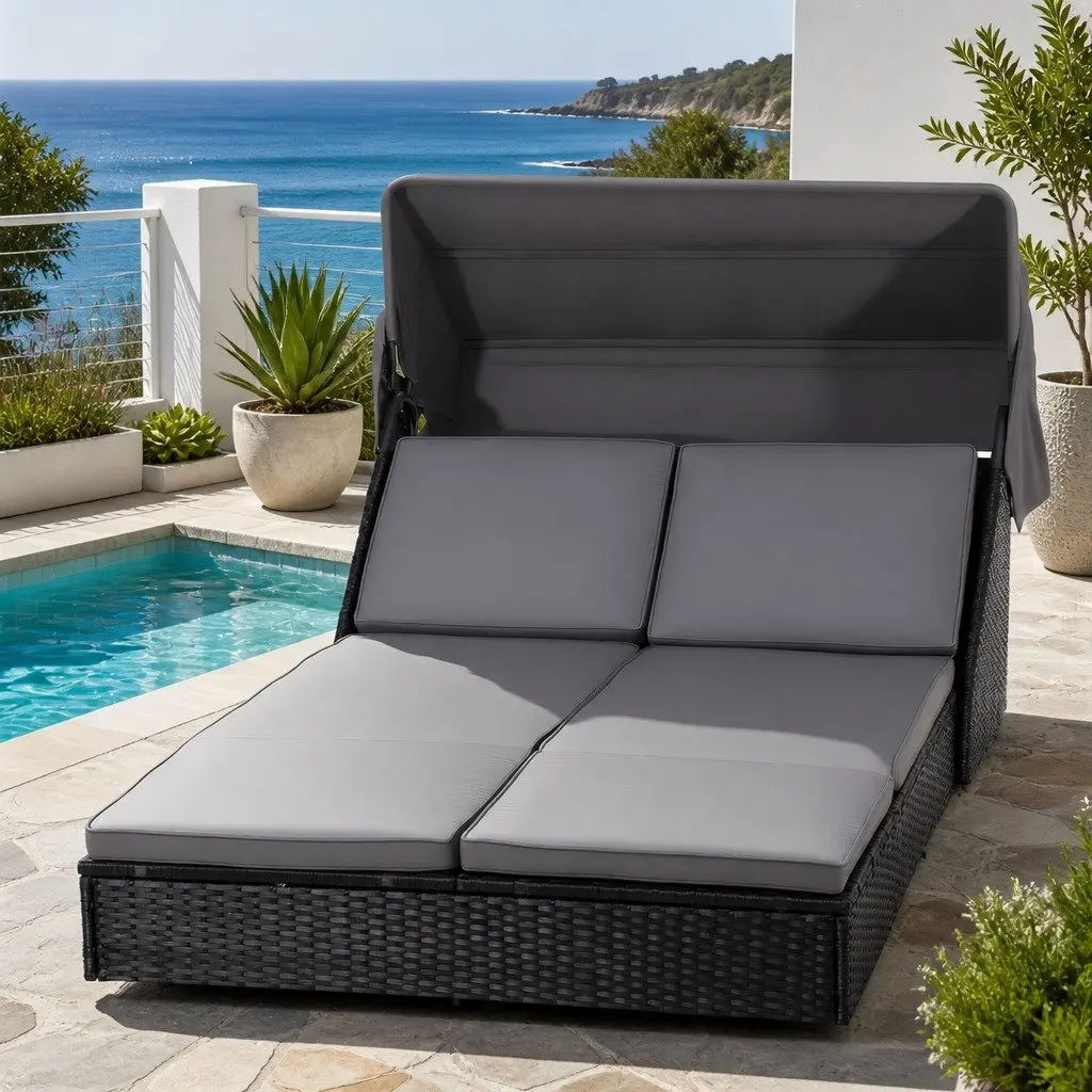 Outdoor Day Bed PE Rattan Adjustable Backrest Black 120 x 240 x 112 cm
