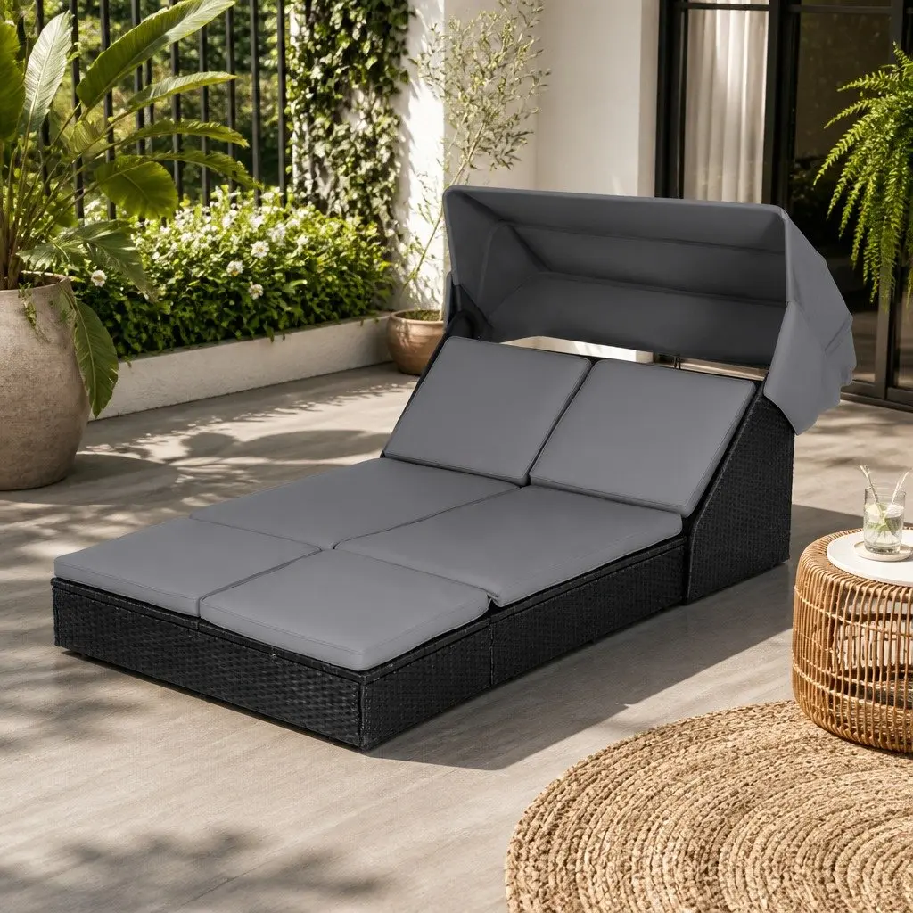 Outdoor Day Bed PE Rattan Adjustable Backrest Black 120 x 240 x 112 cm