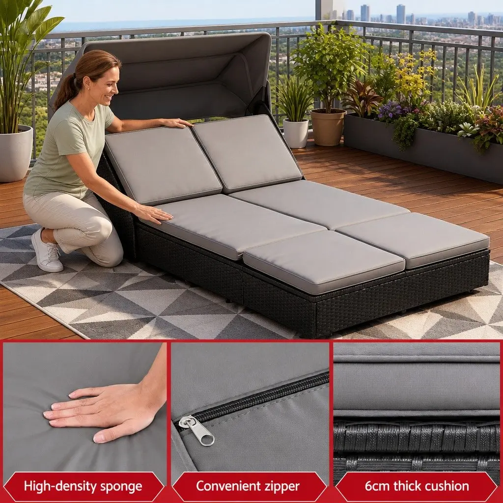 Outdoor Day Bed PE Rattan Adjustable Backrest Black 120 x 240 x 112 cm