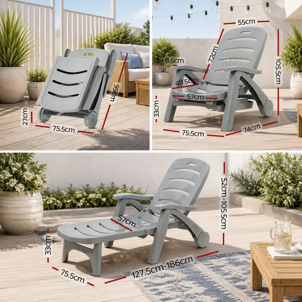 Sun Lounger Folding Lounge Chair Adjustable Backrest Wheels Outdoor Patio Furniture Grey