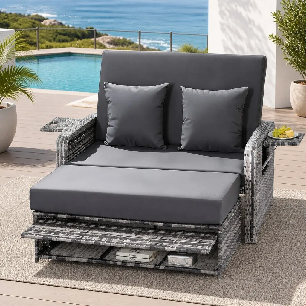 Outdoor Day Bed PE Rattan Adjustable Lounger Grey