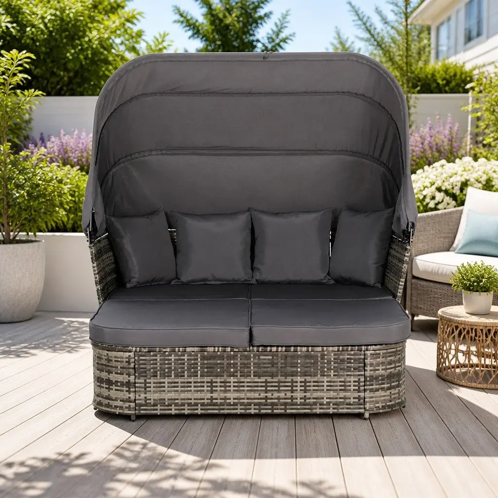 Outdoor Day Bed Modular Grey Wicker Sofa with Canopy and Cushions for Patio Garden Furniture