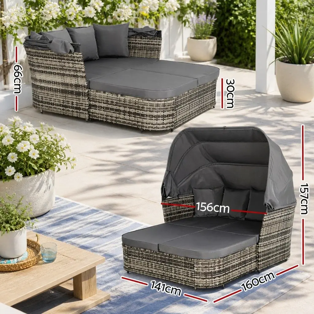 Outdoor Day Bed Modular Grey Wicker Sofa with Canopy and Cushions for Patio Garden Furniture