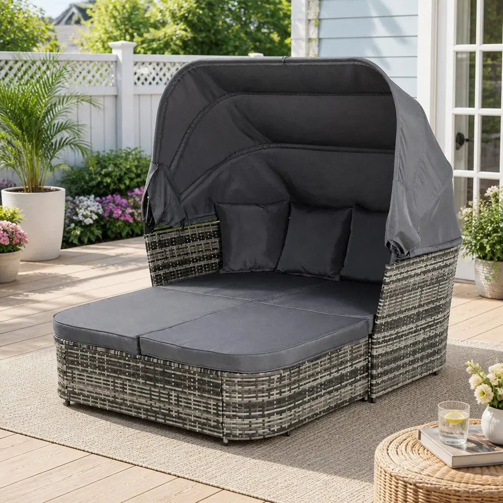 Outdoor Day Bed Modular Grey Wicker Sofa with Canopy and Cushions for Patio Garden Furniture