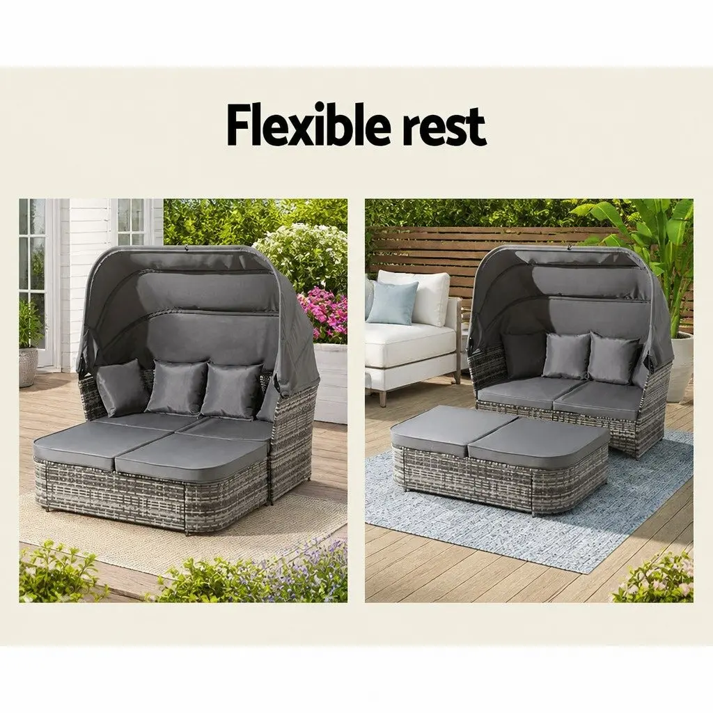 Outdoor Day Bed Modular Grey Wicker Sofa with Canopy and Cushions for Patio Garden Furniture