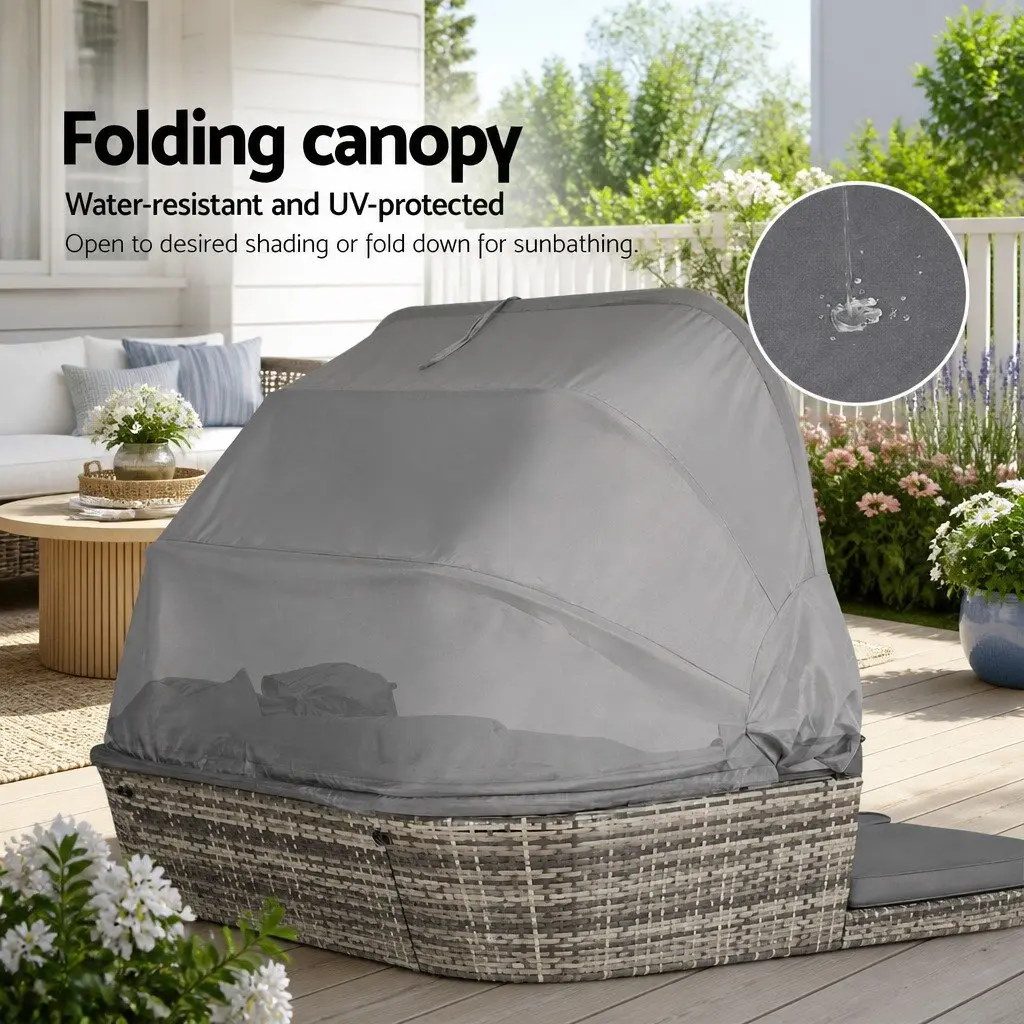 Outdoor Day Bed Modular Grey Wicker Sofa with Canopy and Cushions for Patio Garden Furniture