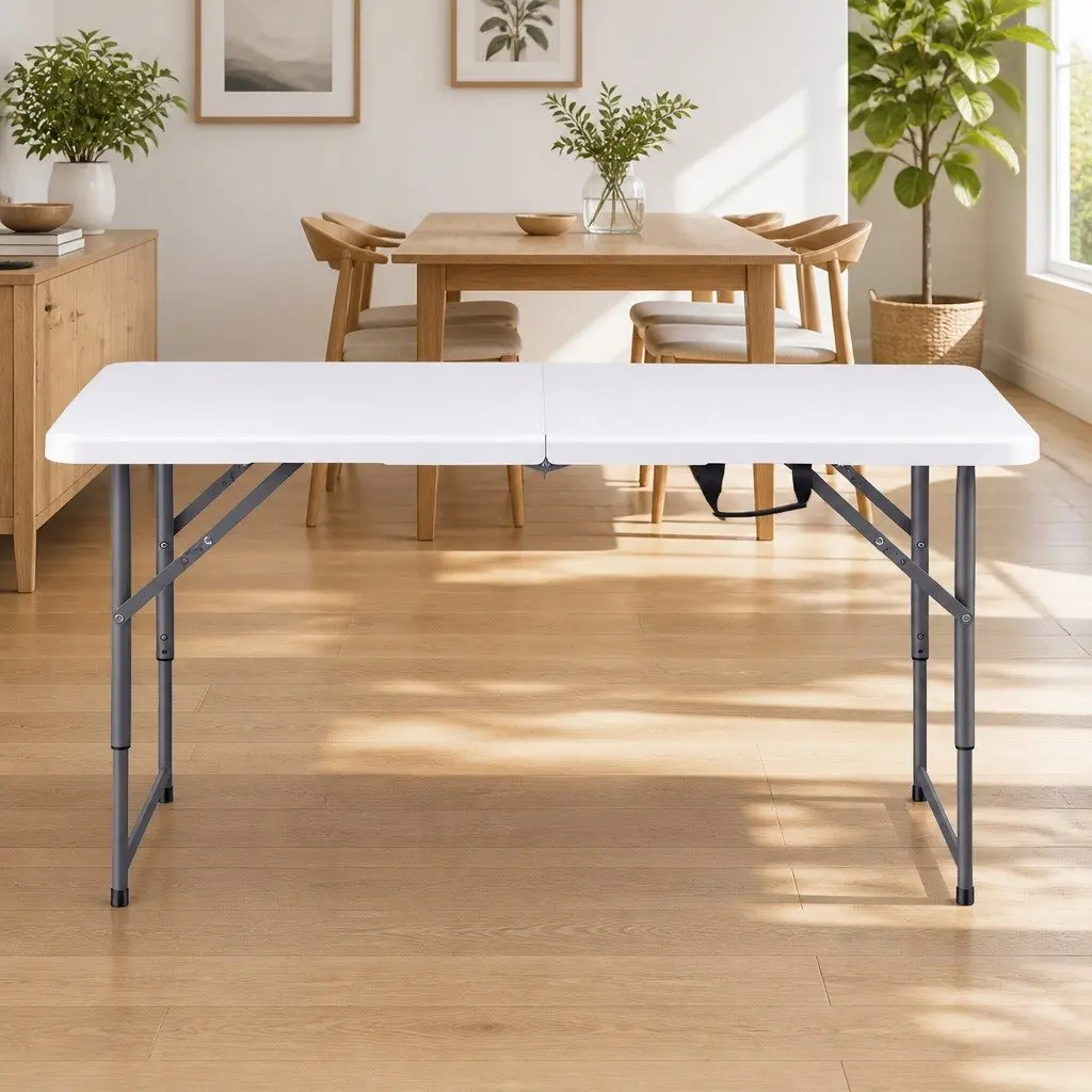 Folding Table HDPE 123cm Portable Adjustable Height White