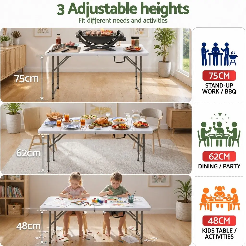 Folding Table HDPE 123cm Portable Adjustable Height White