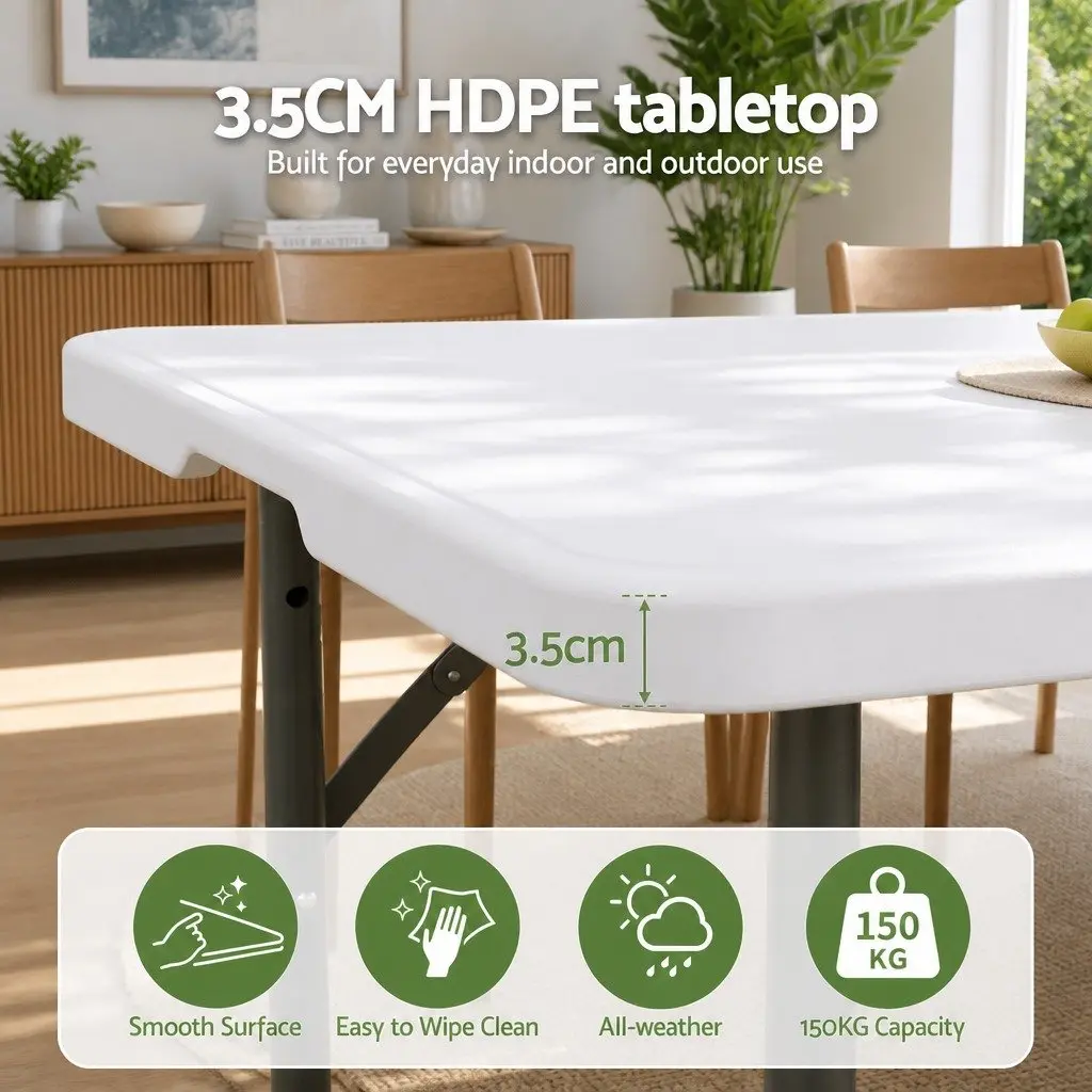 Folding Table HDPE 123cm Portable Adjustable Height White
