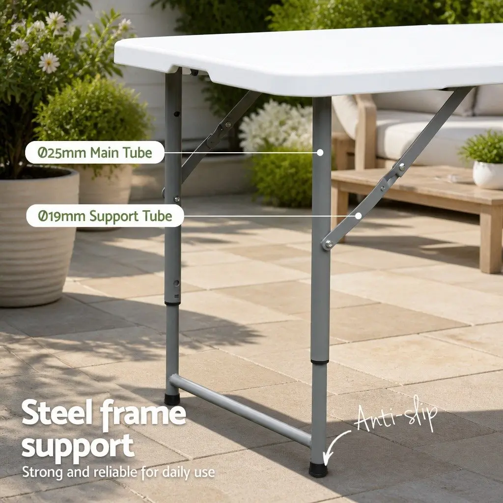 Folding Table HDPE 123cm Portable Adjustable Height White