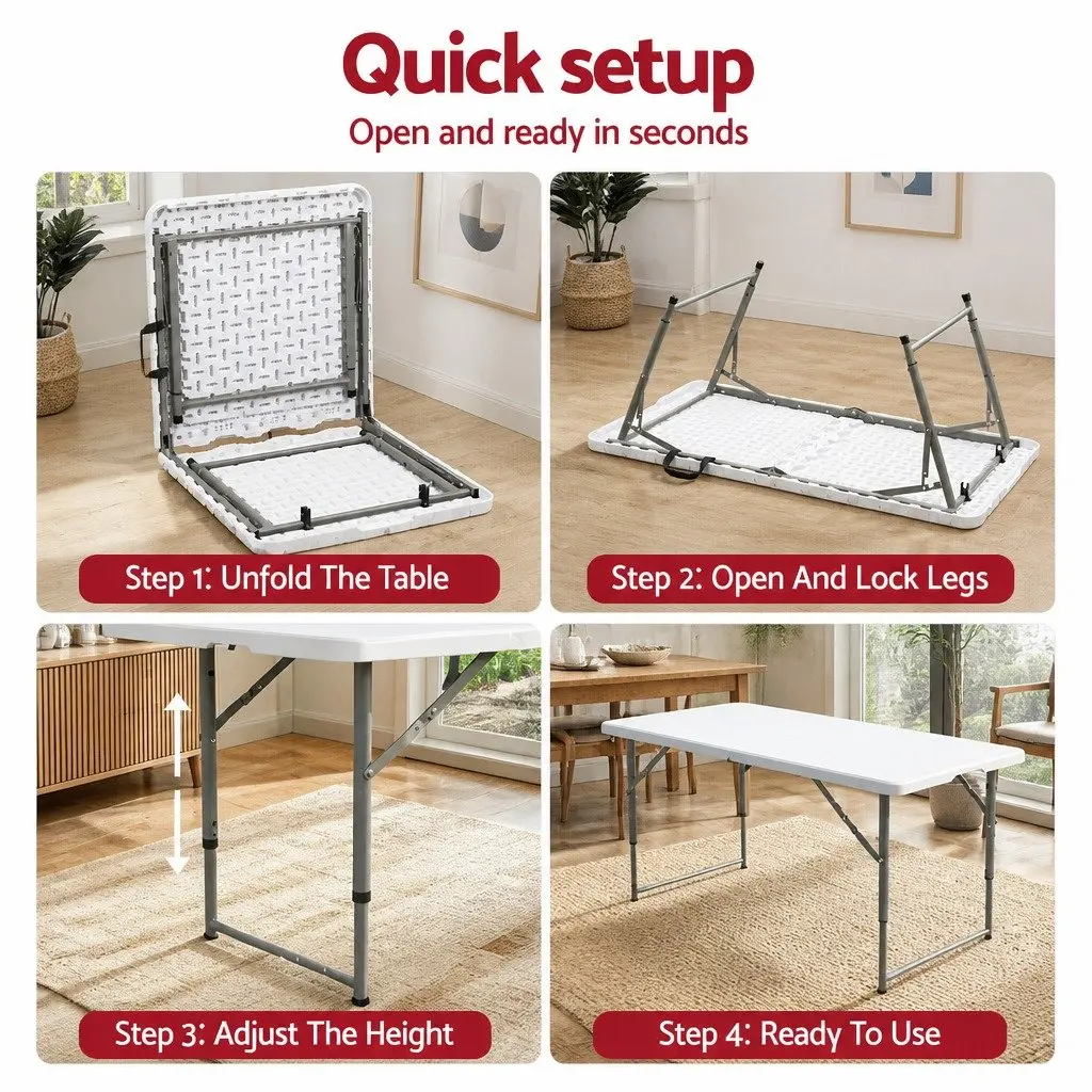 Folding Table HDPE 123cm Portable Adjustable Height White