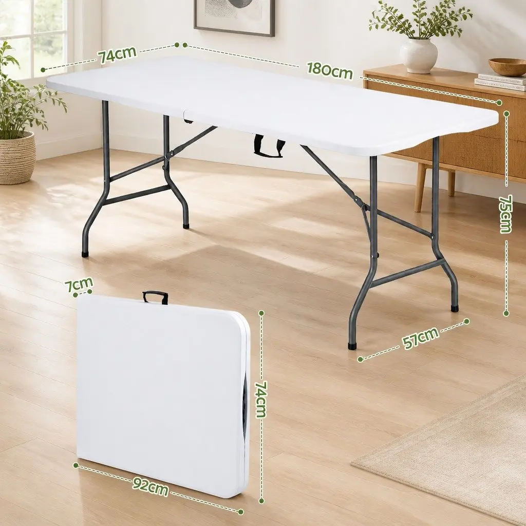 Portable Folding Table 180cm White Steel No Assembly Indoor Outdoor Use
