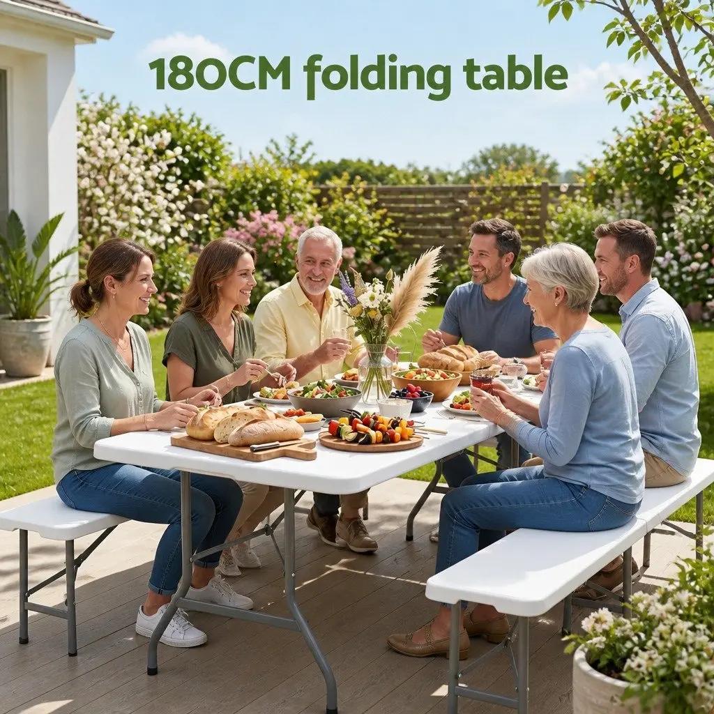 Portable Folding Table 180cm White Steel No Assembly Indoor Outdoor Use