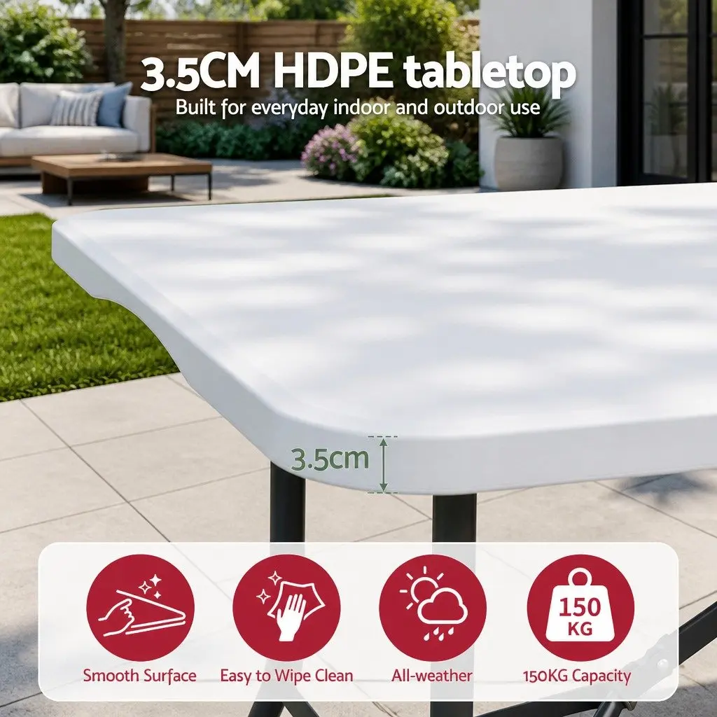 Portable Folding Table 180cm White Steel No Assembly Indoor Outdoor Use