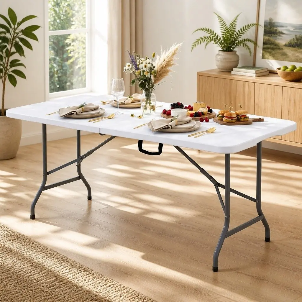 Portable Folding Table 180cm White Steel No Assembly Indoor Outdoor Use