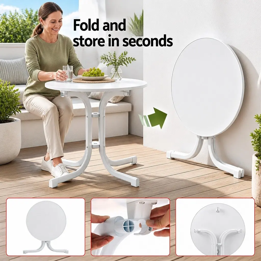 Round Folding Bistro Table Stainless Steel Wrapped 80cm White
