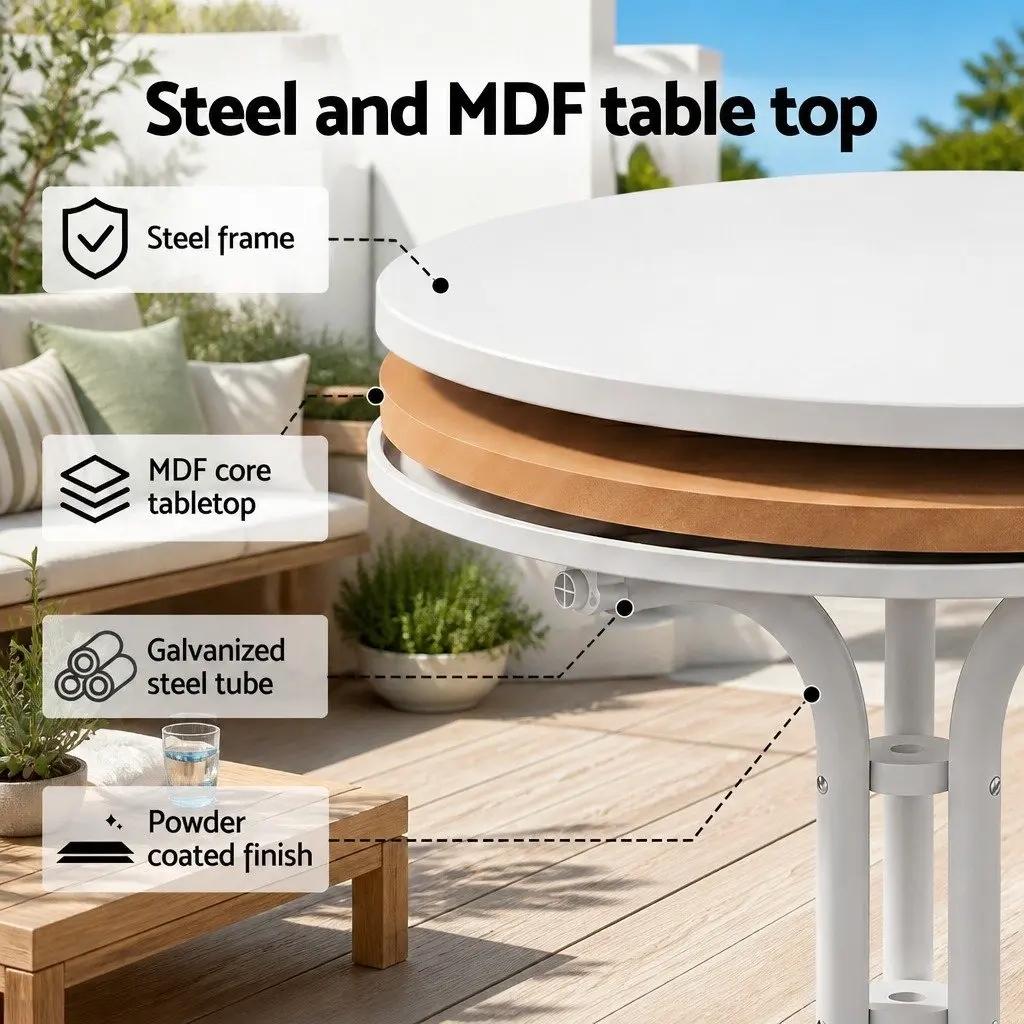Round Folding Bistro Table Stainless Steel Wrapped 80cm White