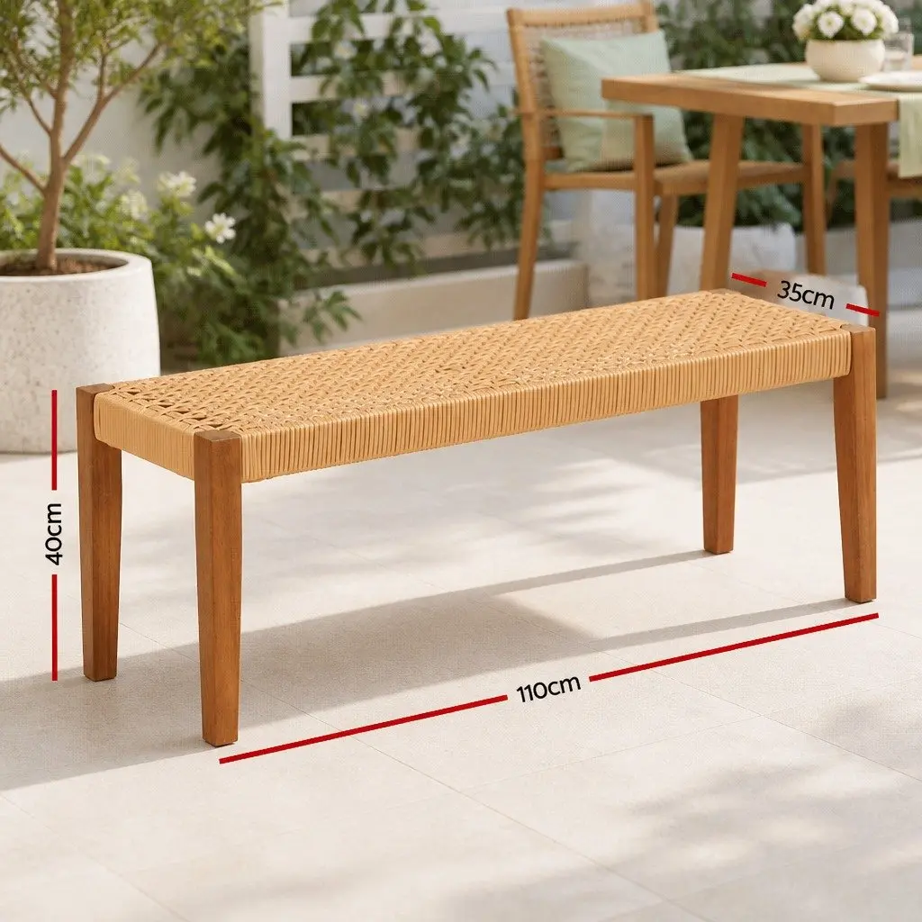 Outdoor Garden Bench Rubber Wood PE Wicker 2-Seater Natural
