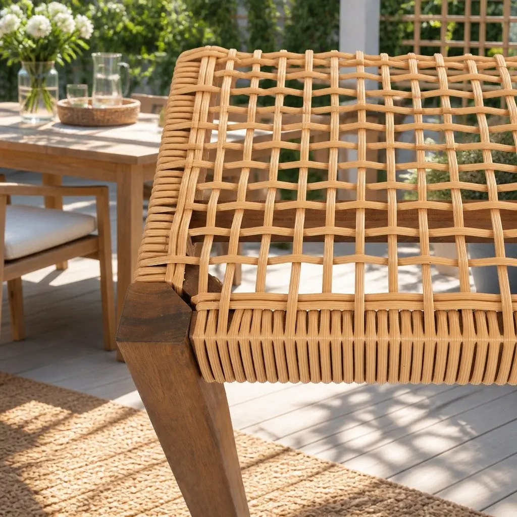 Outdoor Garden Bench Rubber Wood PE Wicker 2-Seater Natural