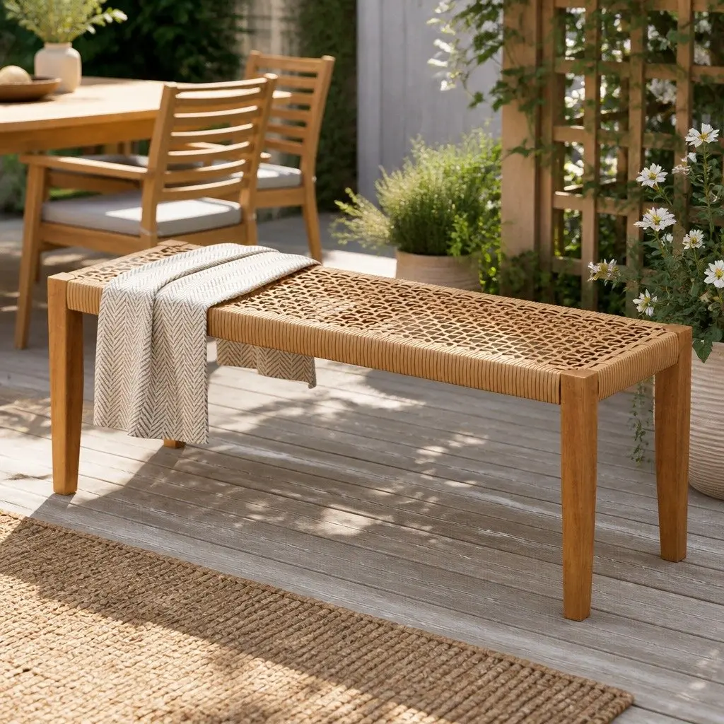 Outdoor Garden Bench Rubber Wood PE Wicker 2-Seater Natural