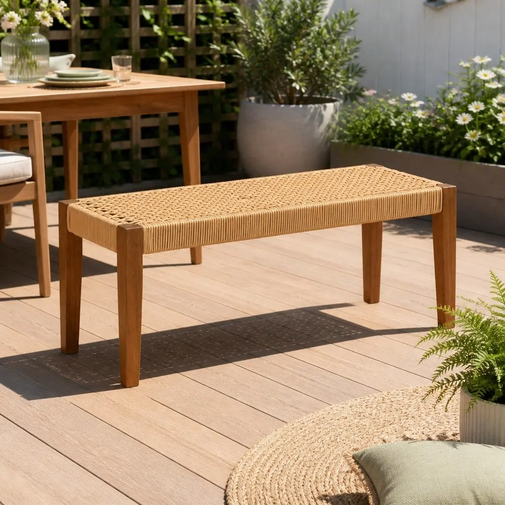Outdoor Garden Bench Rubber Wood PE Wicker 2-Seater Natural
