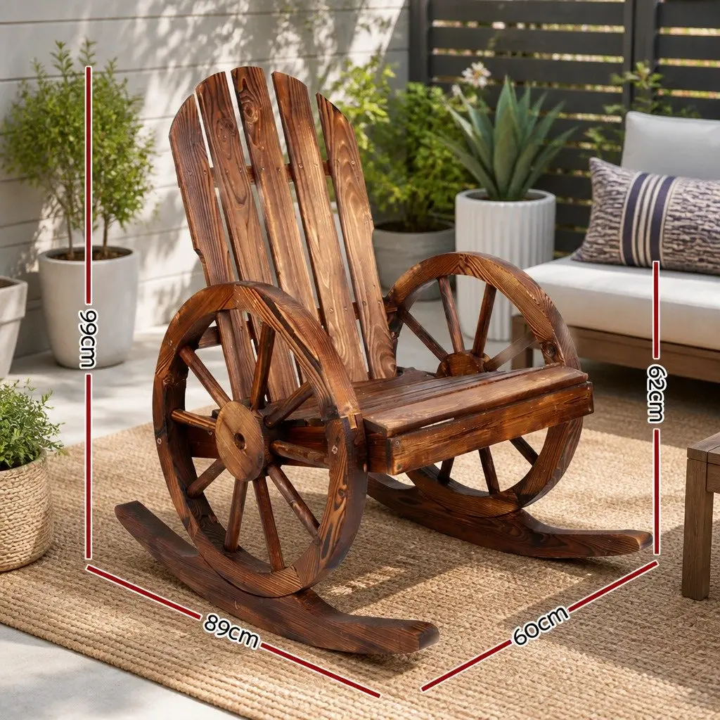 Outdoor Rocking Chair Canadian Fir Wood Brown Rustic Wagon Wheel Style