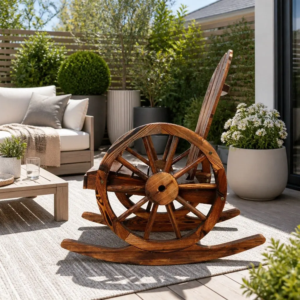 Outdoor Rocking Chair Canadian Fir Wood Brown Rustic Wagon Wheel Style