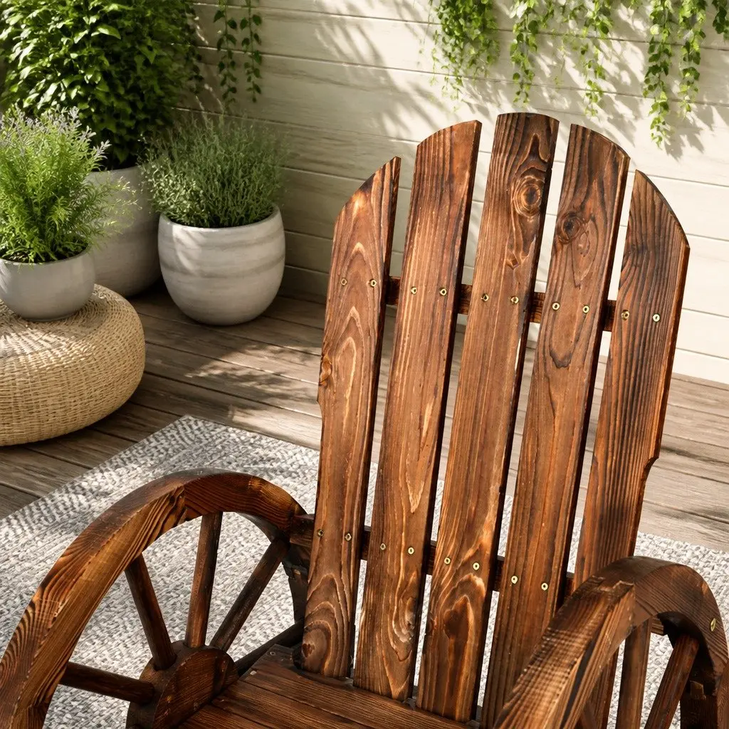 Outdoor Rocking Chair Canadian Fir Wood Brown Rustic Wagon Wheel Style