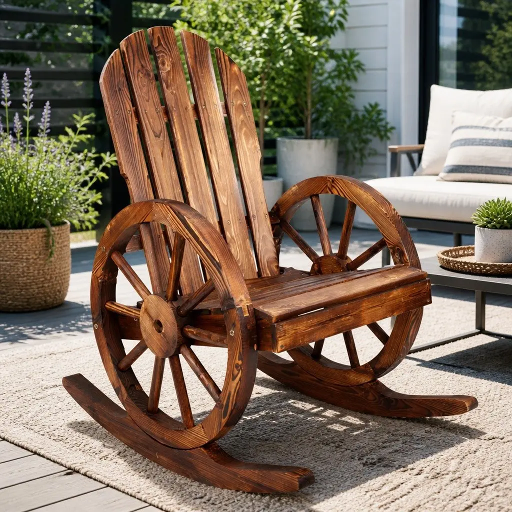 Outdoor Rocking Chair Canadian Fir Wood Brown Rustic Wagon Wheel Style