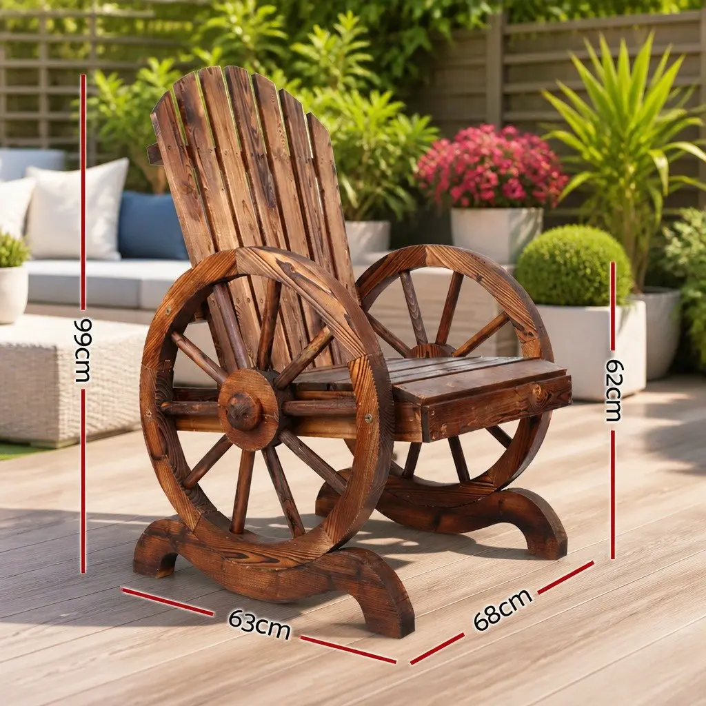 Wooden Chair Canadian Fir Outdoor Garden Seat Brown Rustic Wagon Wheel Armrests Backrest