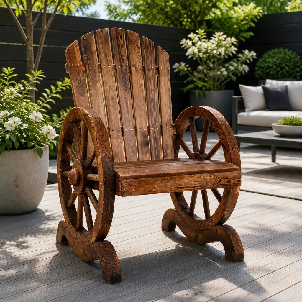 Wooden Chair Canadian Fir Outdoor Garden Seat Brown Rustic Wagon Wheel Armrests Backrest