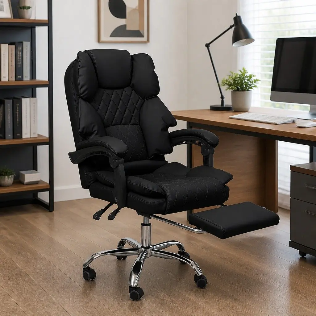 Gaming Office Chair PU Leather Adjustable Height Reclining Footrest Black