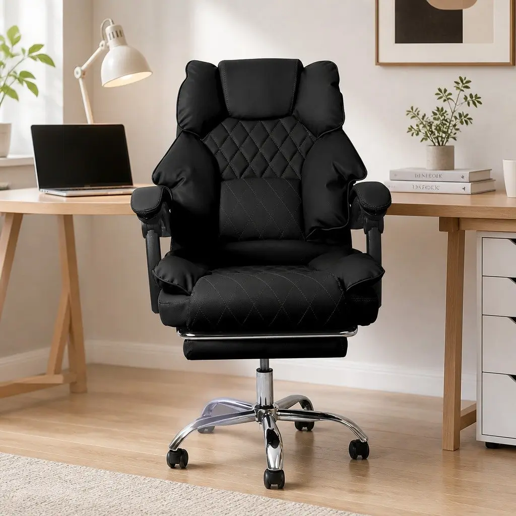 Gaming Office Chair PU Leather Adjustable Height Reclining Footrest Black