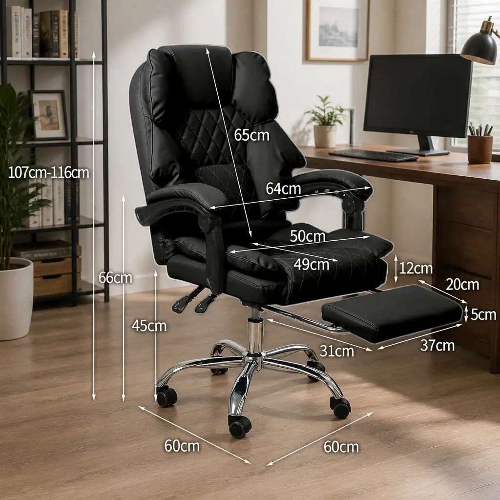 Gaming Office Chair PU Leather Adjustable Height Reclining Footrest Black