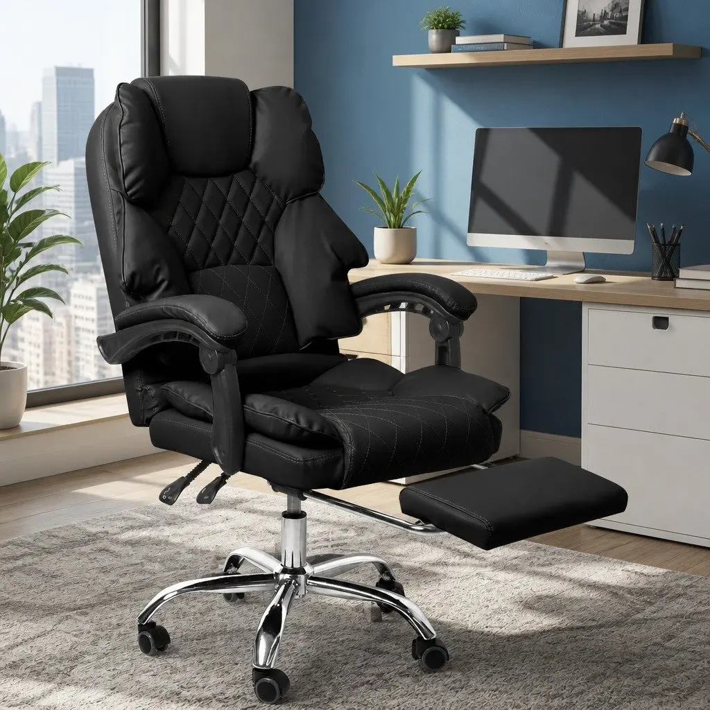 Gaming Office Chair PU Leather Adjustable Height Reclining Footrest Black