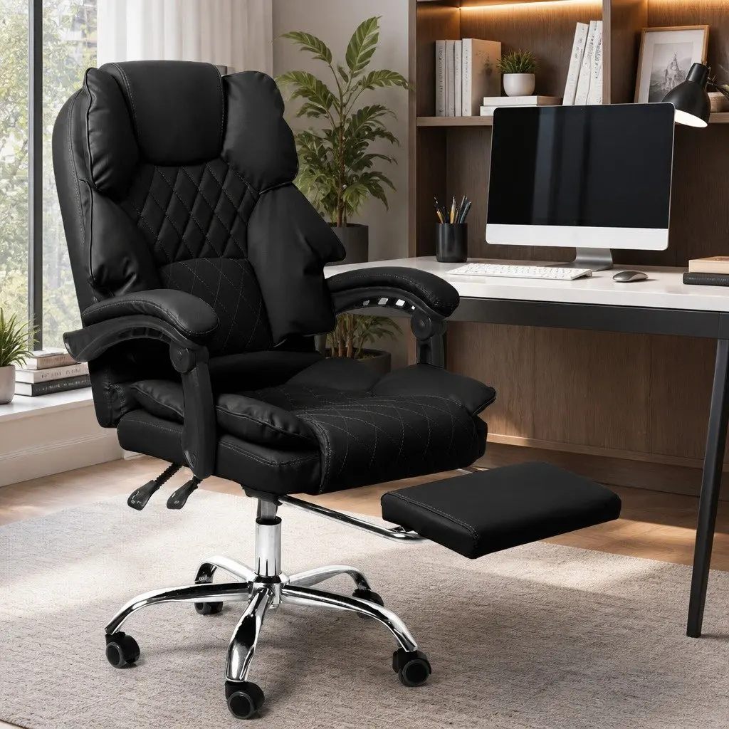 Gaming Office Chair PU Leather Adjustable Height Reclining Footrest Black