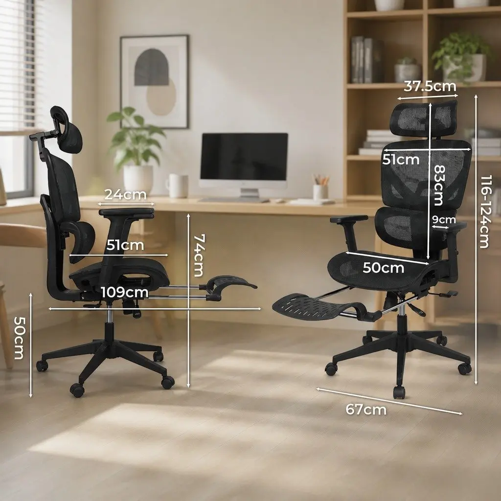 Ergonomic Office Chair Mesh Black Adjustable Lumbar Retractable Footrest 67cm W x 109cm D x 116124cm H