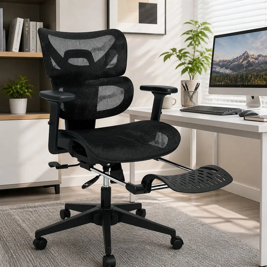 Ergonomic Office Chair Mesh Black Adjustable Lumbar Retractable Footrest 67cm W x 109cm D x 116124cm H