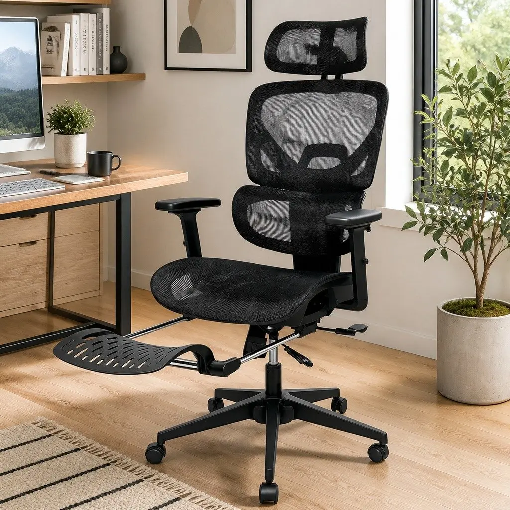 Ergonomic Office Chair Mesh Black Adjustable Lumbar Retractable Footrest 67cm W x 109cm D x 116124cm H