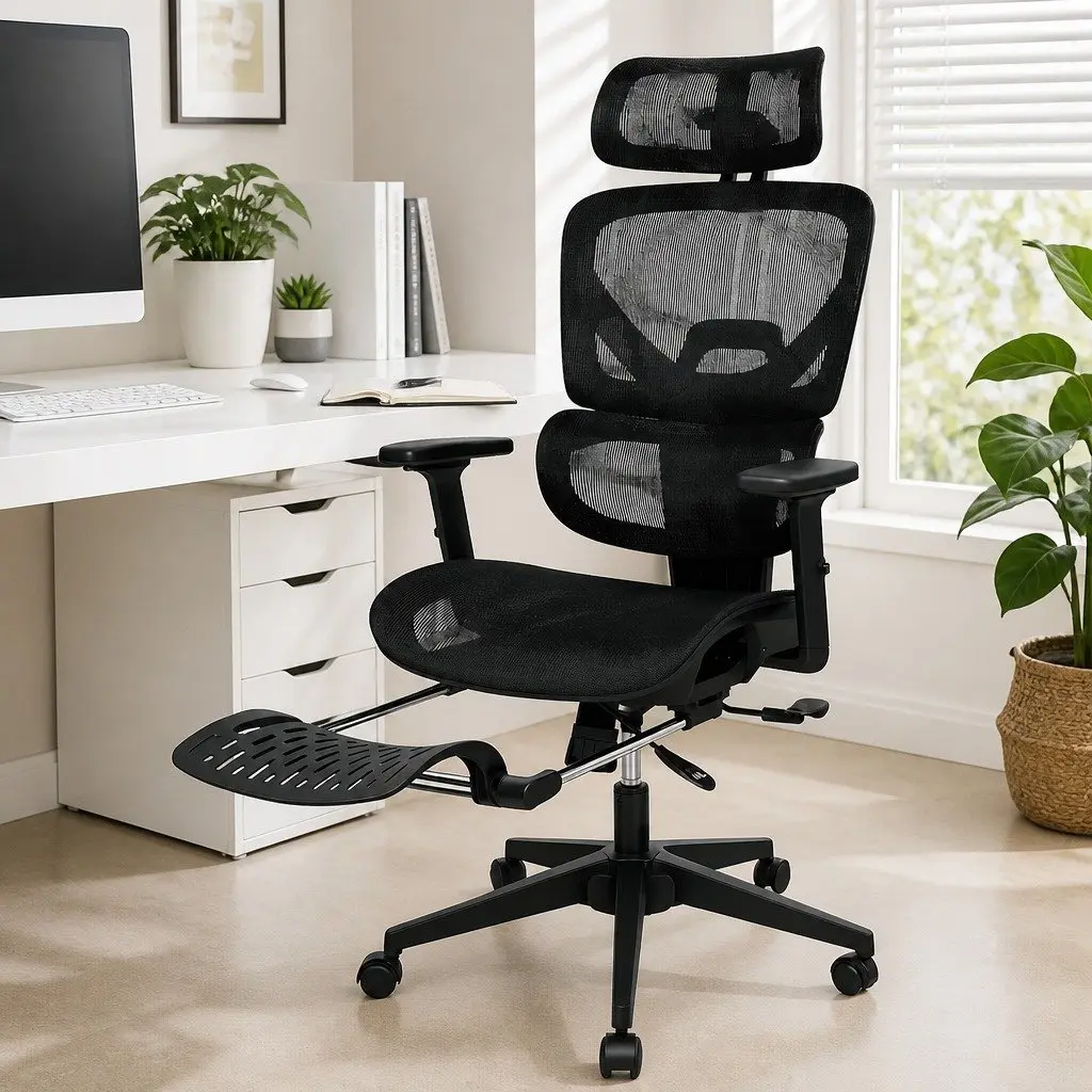 Ergonomic Office Chair Mesh Black Adjustable Lumbar Retractable Footrest 67cm W x 109cm D x 116124cm H
