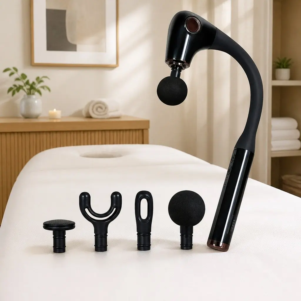 Massage Gun Deep Tissue Percussion 35cm Black Extended Handle 4 Heads 5 Speed
