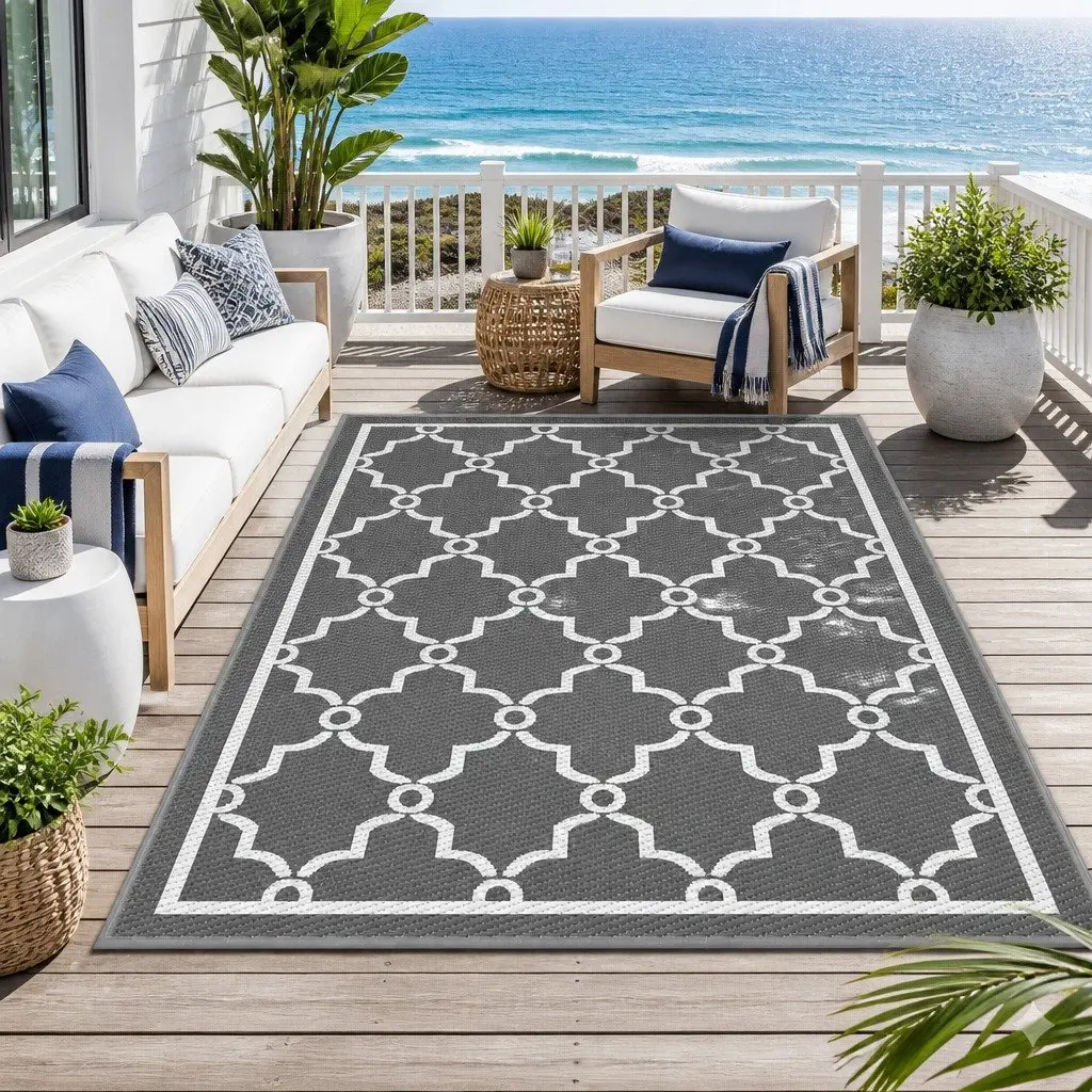 Outdoor Rug Polypropylene 152x244cm Grey Reversible Dual-Sided Area Mat