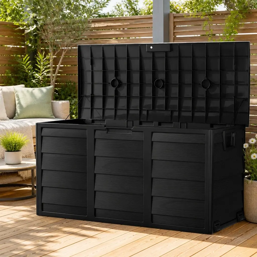 Outdoor Storage Box 290L Lockable Garden Organiser Deck Shed Storage Bin Black
